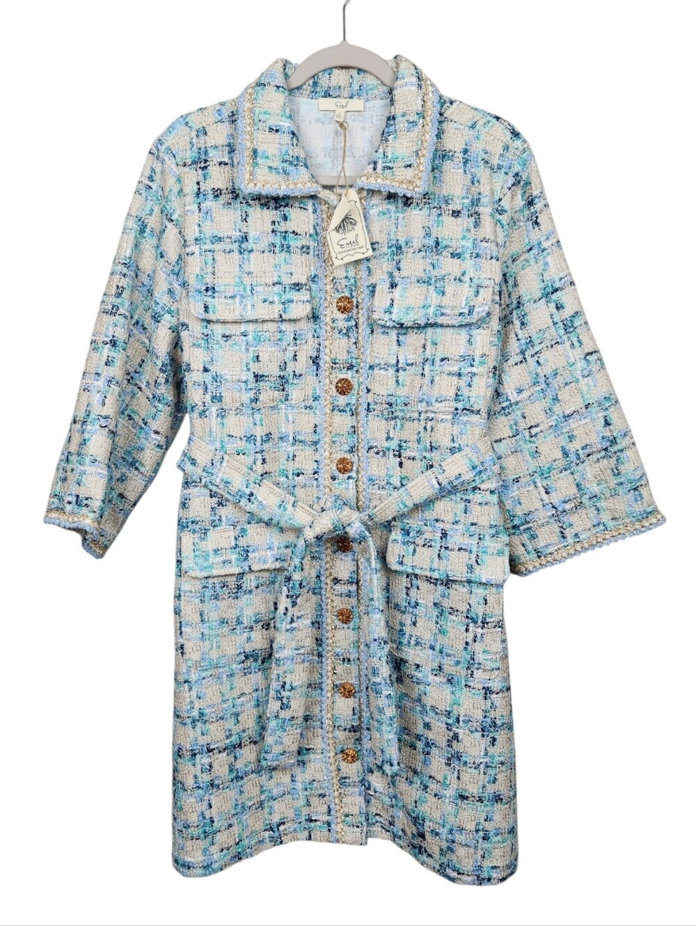Easel Los Angeles NWT Tweed Gingham Plaid Long Car Coat Evening Womens Size L